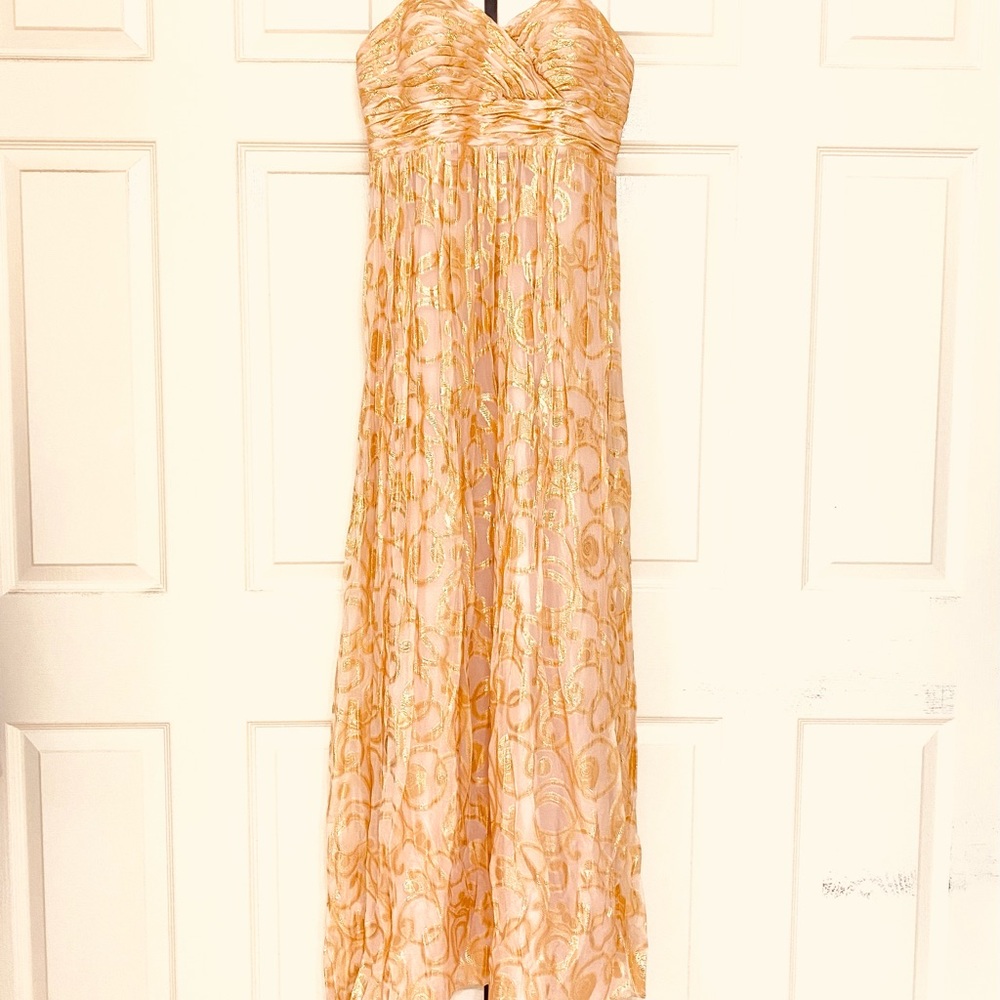 Gorgeous gold and peach chiffon floor length gown